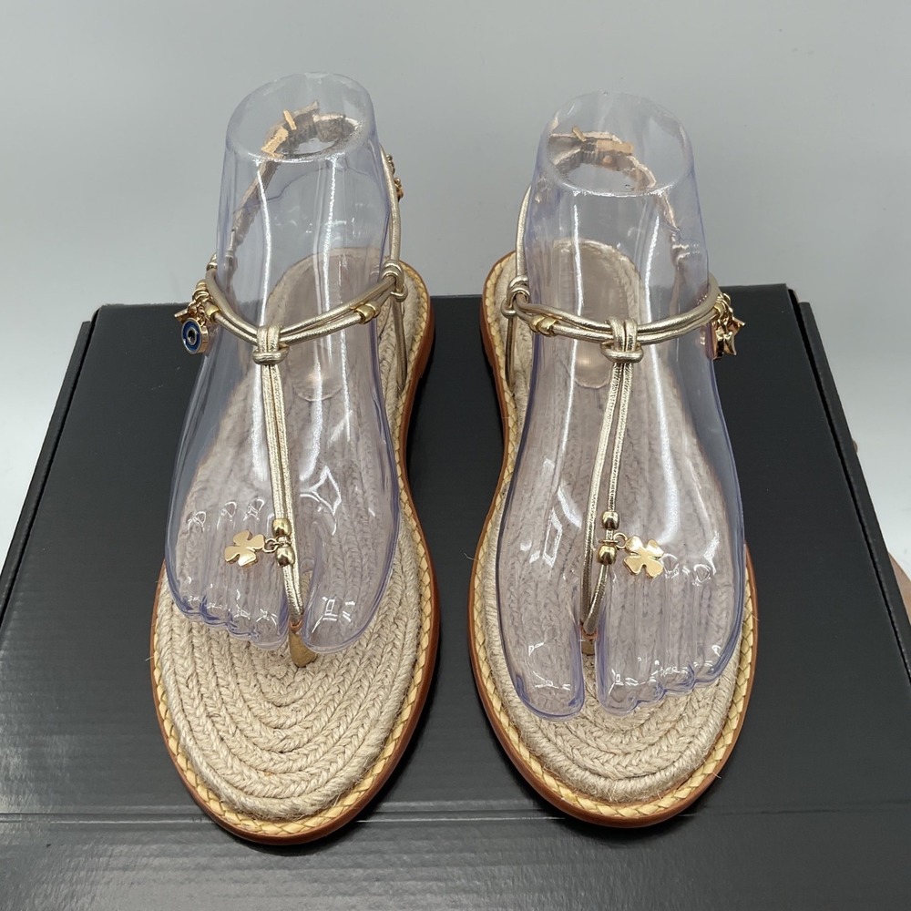 Schutz Womens Gold T-Strap Charm Sandals Evil Eye Clover Espadrille Flat Thong